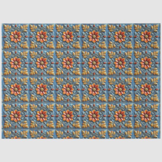 メキシコ スペイン風 花柄 オレンジ ブルー タイル柄 薄葉紙 (正面)