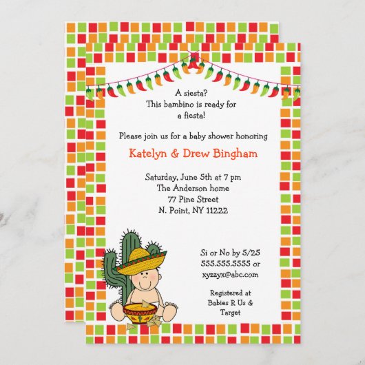 メキシコ·フィエスタ·ベイビー·シャワー·招待状の少年薄肌 招待状 (正面/裏面)
