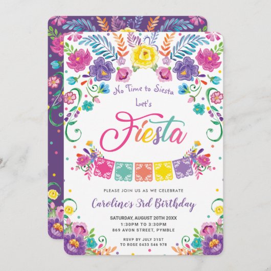 メキシコ・フローラ・フラワーズ・フィエスタ・バースデー・パーティー  招待状 (正面/裏面)