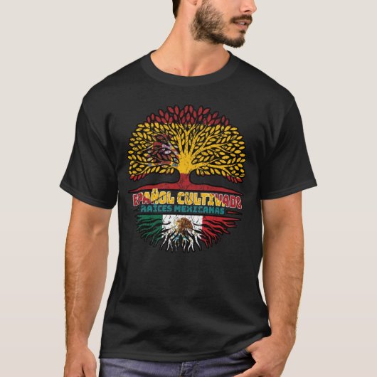 メキシコ・メキシコスペインの・スペイン樹木根国旗 Tシャツ (正面)