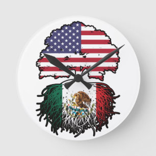 メキシコ・メキシコ・アメリカ合衆国ツリー・ルーツ国旗 ラウンド壁時計