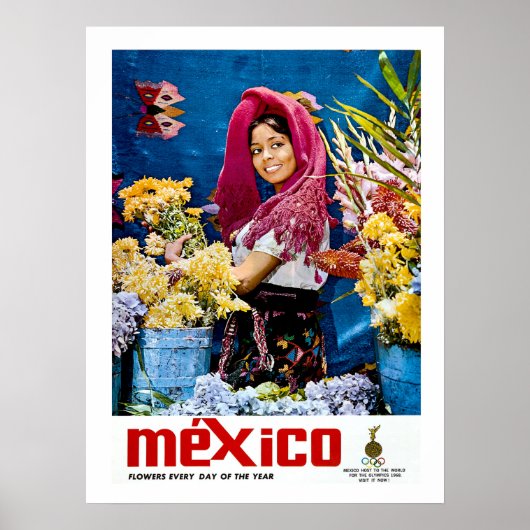 メキシコ、笑顔の花を持つ少女、ヴィンテージ、旅行 ポスター (正面)