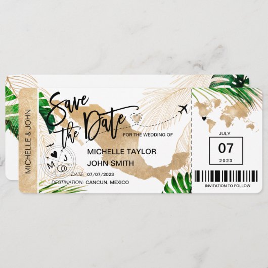 メキシコ Save the Date 搭乗券 世界地図 招待状 (正面/裏面)