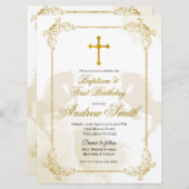 メキシスペインのコ金ゴールドクロスバプテスマ&誕生日 招待状 (正面/裏面)