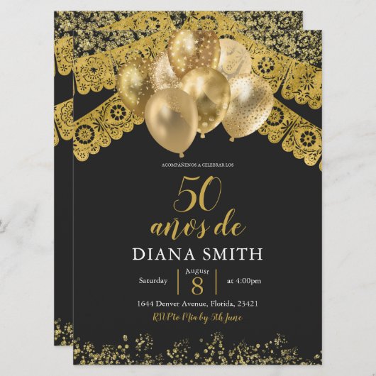 メキシスペインのコ・ブラック&金ゴールド誕生日パーティー 招待状 (正面/裏面)