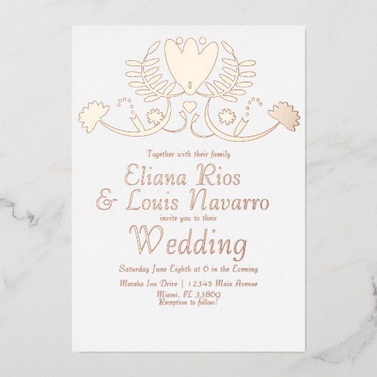 メキシモダンコフォークフローラ結婚ハート圧縮 箔招待状 (正面)