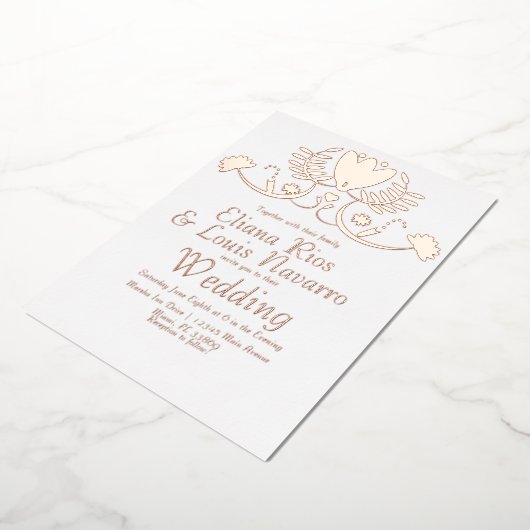 メキシモダンコフォークフローラ結婚ハート圧縮 箔招待状 (回転した状態)