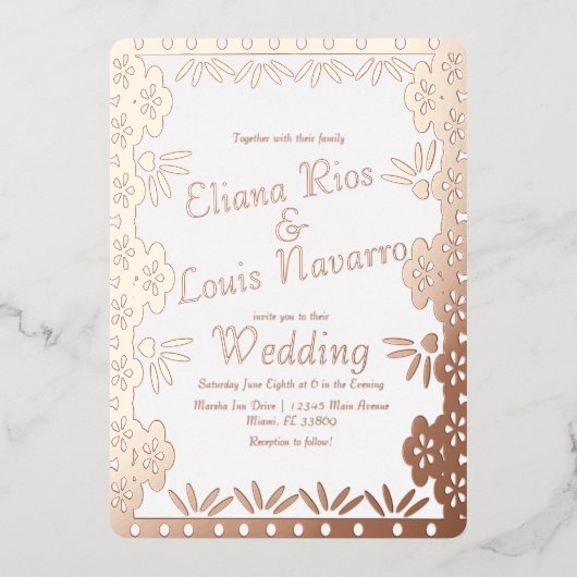 メキシモダンコ・パペル・ピカド・金ゴールド結婚ズ・プレス 箔招待状 (正面)