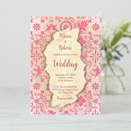 メキシ素朴コのピンクの結婚タイル 招待状 (スタンド正面)