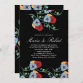 メキシ結婚コのテーマ緑つる植物フローラブラック 招待状 (正面/裏面)