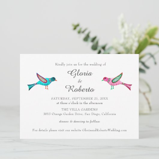 メキシ結婚コのピンク&ブルーのロベバード 招待状 (スタンド正面)