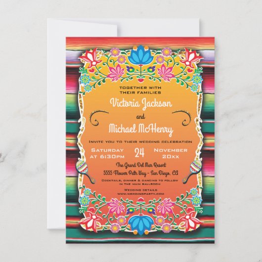 メキシ結婚コの敷物とフェイク金ゴールド 招待状 (正面)