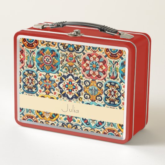 メキシ鮮やかコ赤青タイルパーソナライズされた メタルランチボックス (正面)