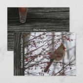 メスのカーディナルが雪を背景にした、素朴な木のホリデー・クリスマスカード 招待状 (正面/裏面)