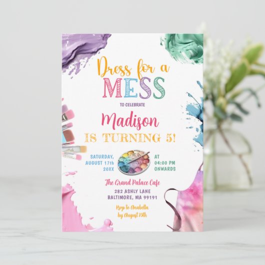 メスアートの誕生日パカラフルーティ絵を描にドレスを着る 招待状 (スタンド正面)