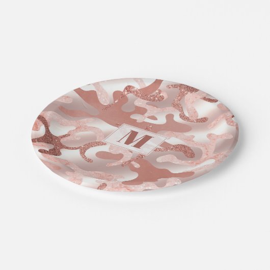 メタカスタムリックバラ金ゴールドグリッターピンクマーブル迷彩柄 ペーパープレート (アングル)