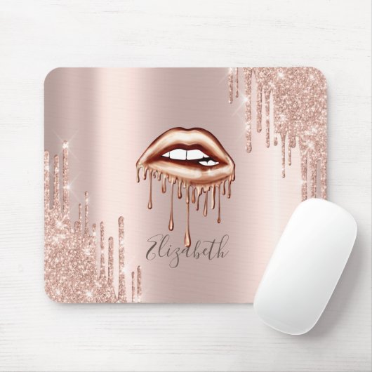 メタリックなリップのドリップ、ローズゴールドのグリッターが垂れる マウスパッド (マウス)