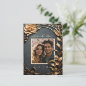 メタリックな花の写真は日付を保存 ポストカード (スタンド正面)