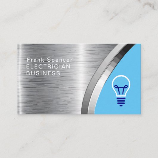 メタリックはっきりしたブルー&シルバー電気工事業 名刺 (正面)