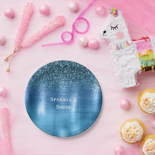 メタリックアクアブルーグリッター ペーパープレート (パーティー)