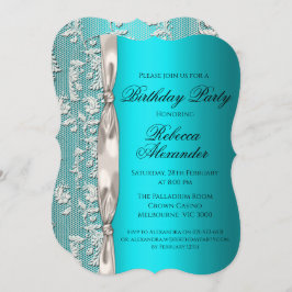 メタリックアクア及びホワイトレース誕生日 招待状