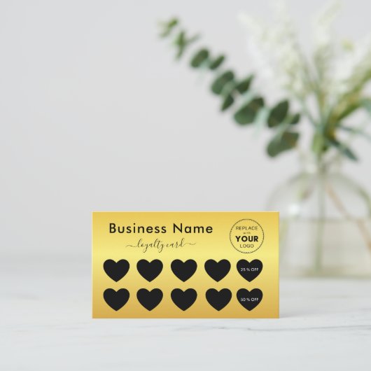 メタリックイエローグラデーションハート追加ロゴ美しい ロイヤリティカード (スタンド正面)