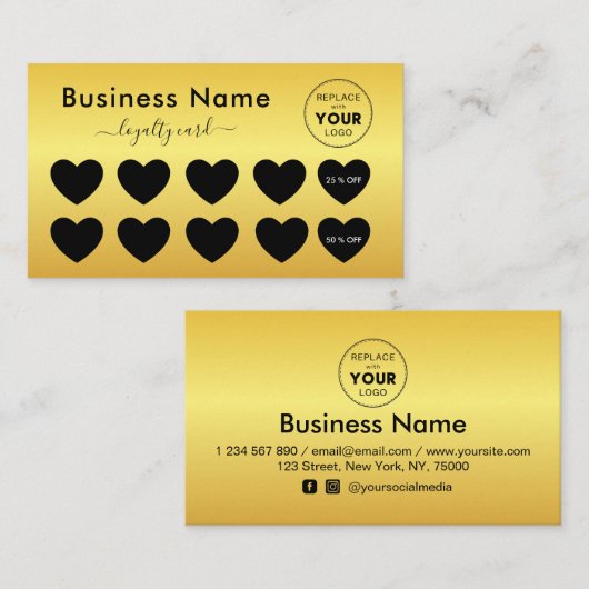 メタリックイエローグラデーションハート追加ロゴ美しい ロイヤリティカード (正面/裏面)