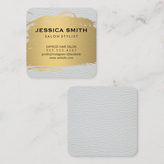 メタリックエレガントフェイク金ゴールドホワイトレザープリント スクエア名刺 (正面/裏面)