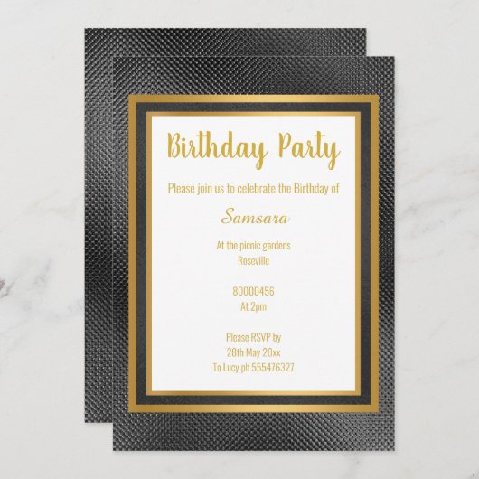 メタリックエレガントブラック&金ゴールドエンボス誕生日 招待状 (正面/裏面)