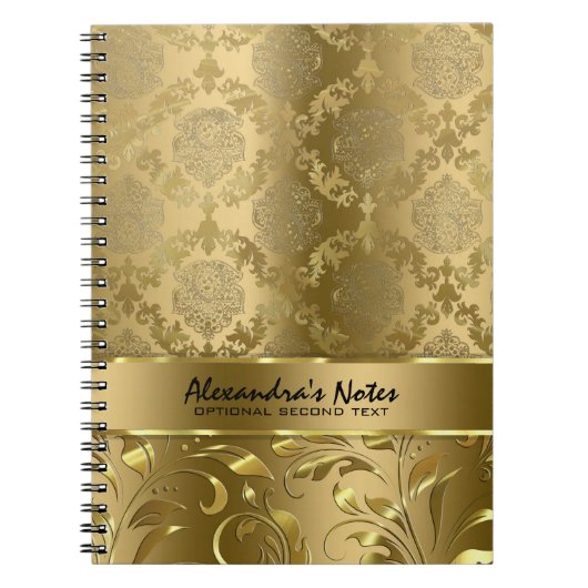 メタリックエレガントモノクロ金ゴールドダマスク&レース ノートブック (正面)