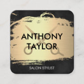 メタリックエレガント金ゴールドと緑豊かなブラックスタイリスト スクエア名刺 (正面)