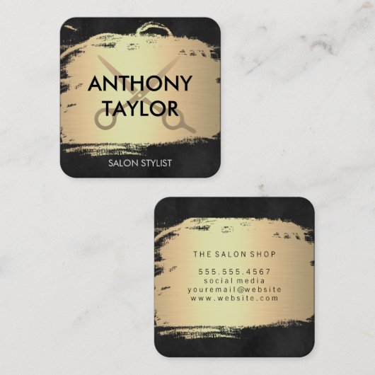 メタリックエレガント金ゴールドと緑豊かなブラックスタイリスト スクエア名刺 (正面/裏面)