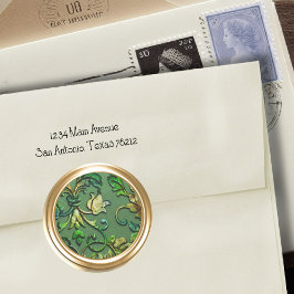 メタリックエンボスルックダマスクでグリーンと金ゴールド ラウンドシール