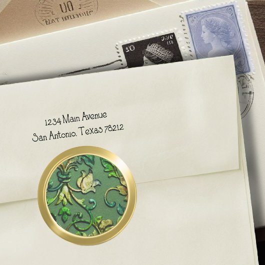 メタリックエンボスルックダマスクでグリーンと金ゴールド ラウンドシール