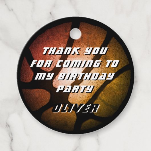 メタリックオレンジ色バスケットボールサンキュー誕生日 フェイバータグ (正面)