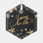 メタリックカッコいい金ゴールドブラックスターズメリークリスマススクリプト ガラスオーナメント (正面)