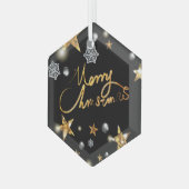 メタリックカッコいい金ゴールドブラックスターズメリークリスマススクリプト ガラスオーナメント (正面左)