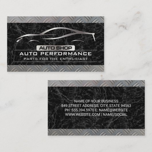 メタリックカーロゴの自動購入 |黒い大理石メタル 名刺 (正面/裏面)