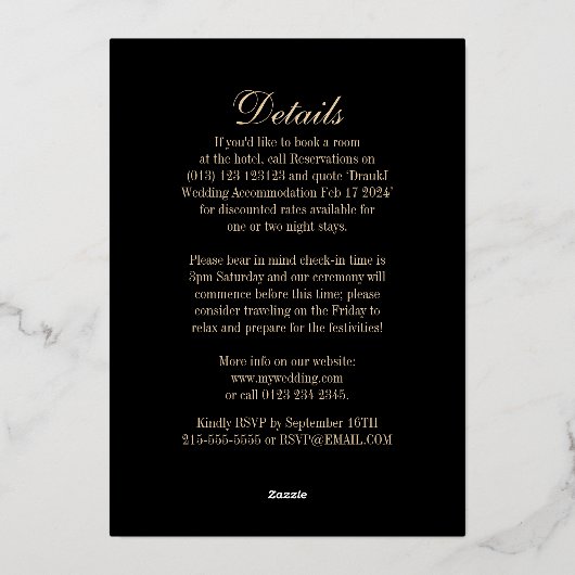 メタリッククラシックブラックと金ゴールドゴシック 箔招待状 (裏面)