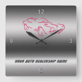 メタリッククラシックルックの様式化された赤い車 スクエア壁時計 (正面)