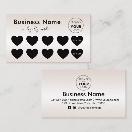 メタリッククリームグラデーションハートロゴの追加美しい ロイヤリティカード (正面/裏面)