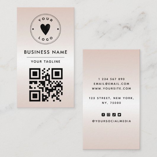 メタリッククリームグラデーションQRコードロゴとソーシャルを追加 名刺 (正面/裏面)