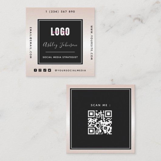 メタリックグラデーション追加ロゴQRコードおよびソーシャルメディア スクエア名刺 (正面/裏面)