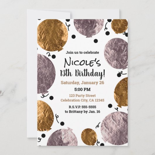 メタリックグラムピンクローズ金ゴールドバルーン誕生日 招待状 (正面)