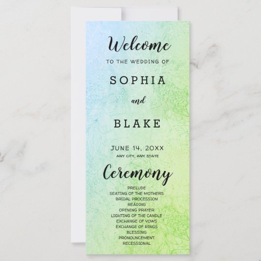 メタリックグリーンとブルーとフローラ結婚式 プログラム (正面)