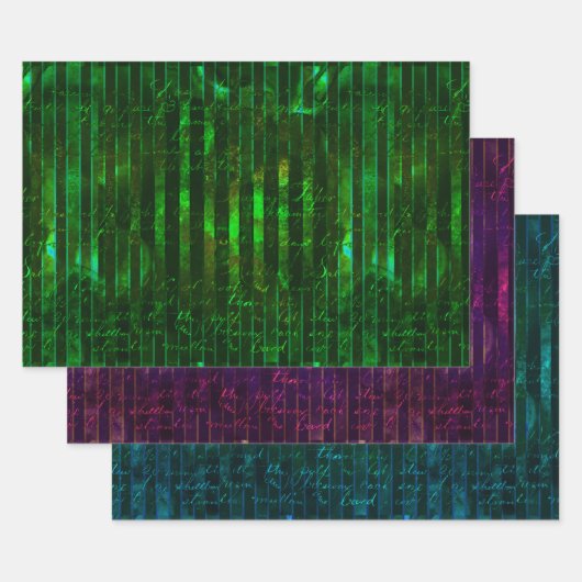 メタリックグリーンパープルターコイズストライプスクリプト ラッピングペーパーシート (セット)