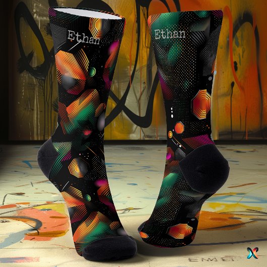 メタリックグリーンピンクオレンジ付き未来的な六角形 ソックス