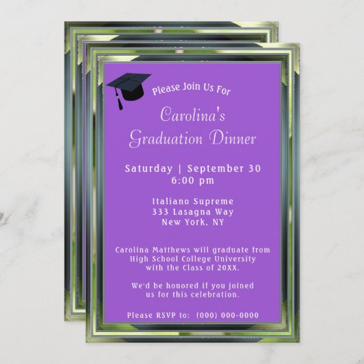 メタリックグリーンフレーム紫ディナーキャップ卒業 招待状 (正面/裏面)
