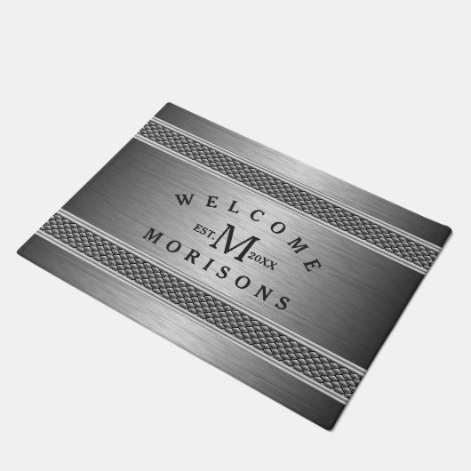 メタリックグレー幾何ストライプデザイン ドアマット (アングル)