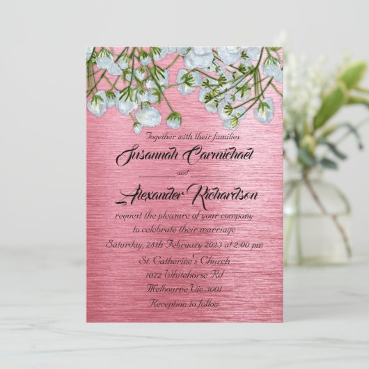 メタリックコンテンポラリーピンクと白のバラ結婚ズ 招待状 (スタンド正面)